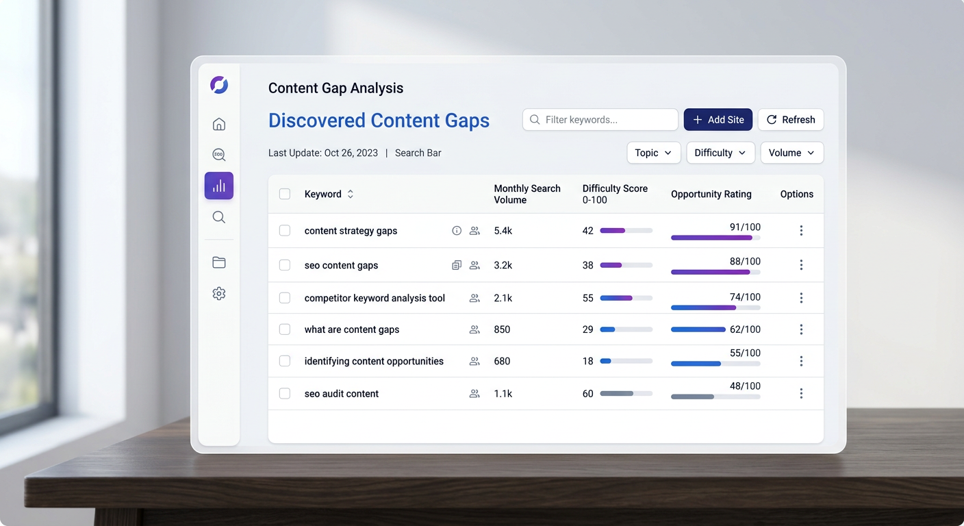 SaaS dashboard showing discovered content gaps with keyword data and opportunity scores