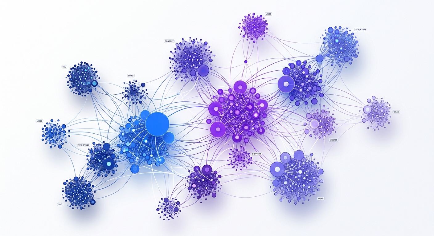 Abstract illustration of interconnected topic clusters representing internal link structure