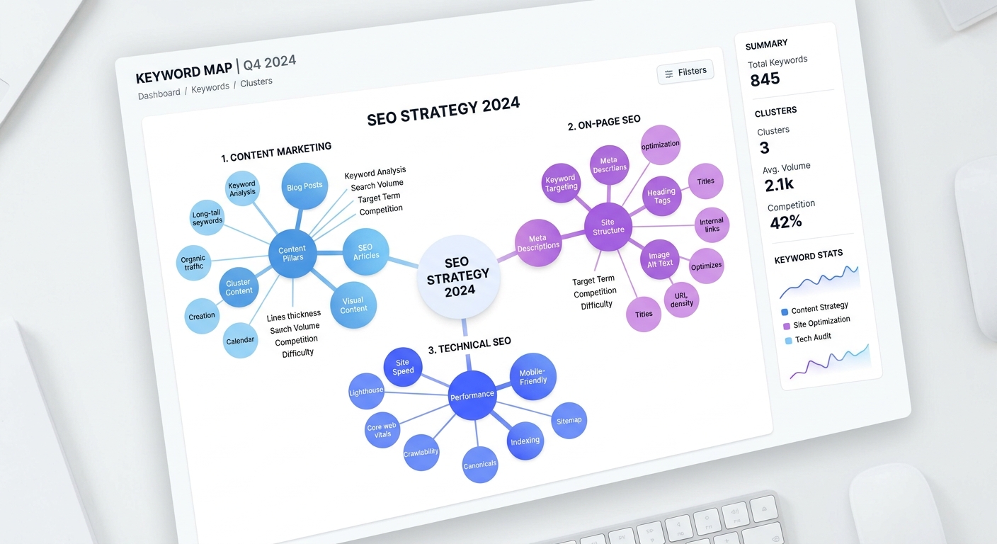 Keyword map dashboard showing topical clusters organized by category for blog SEO strategy