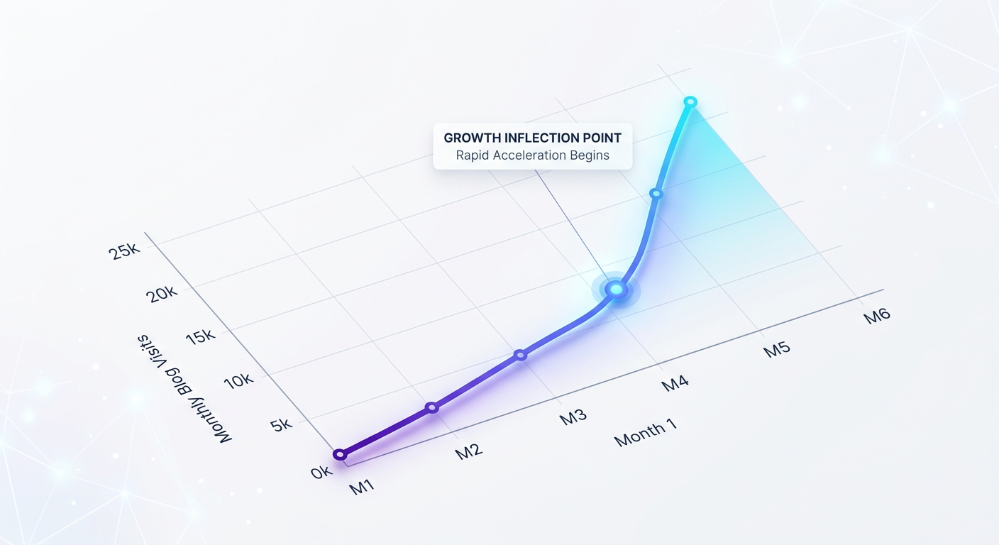 Line graph showing exponential blog traffic growth over six months with inflection point at month four