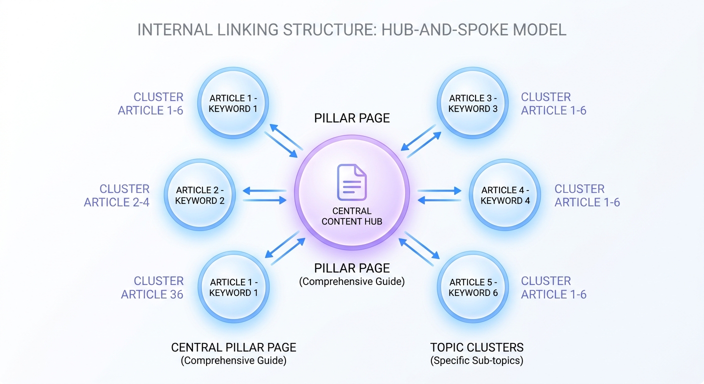 Hub-and-spoke internal linking diagram showing pillar page connected to cluster articles