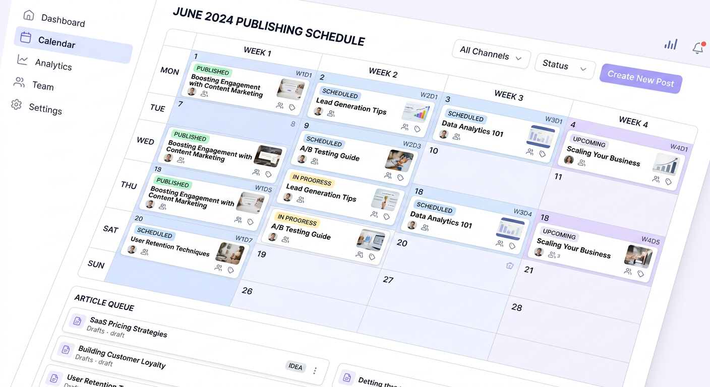 Content calendar showing consistent weekly blog publishing schedule for SEO growth