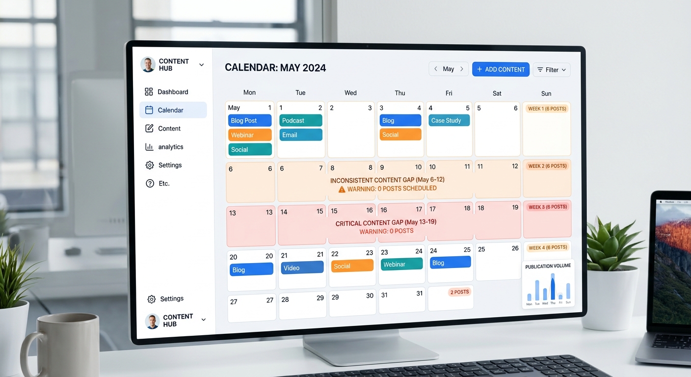 Content calendar dashboard showing inconsistent publishing schedule with warning indicators