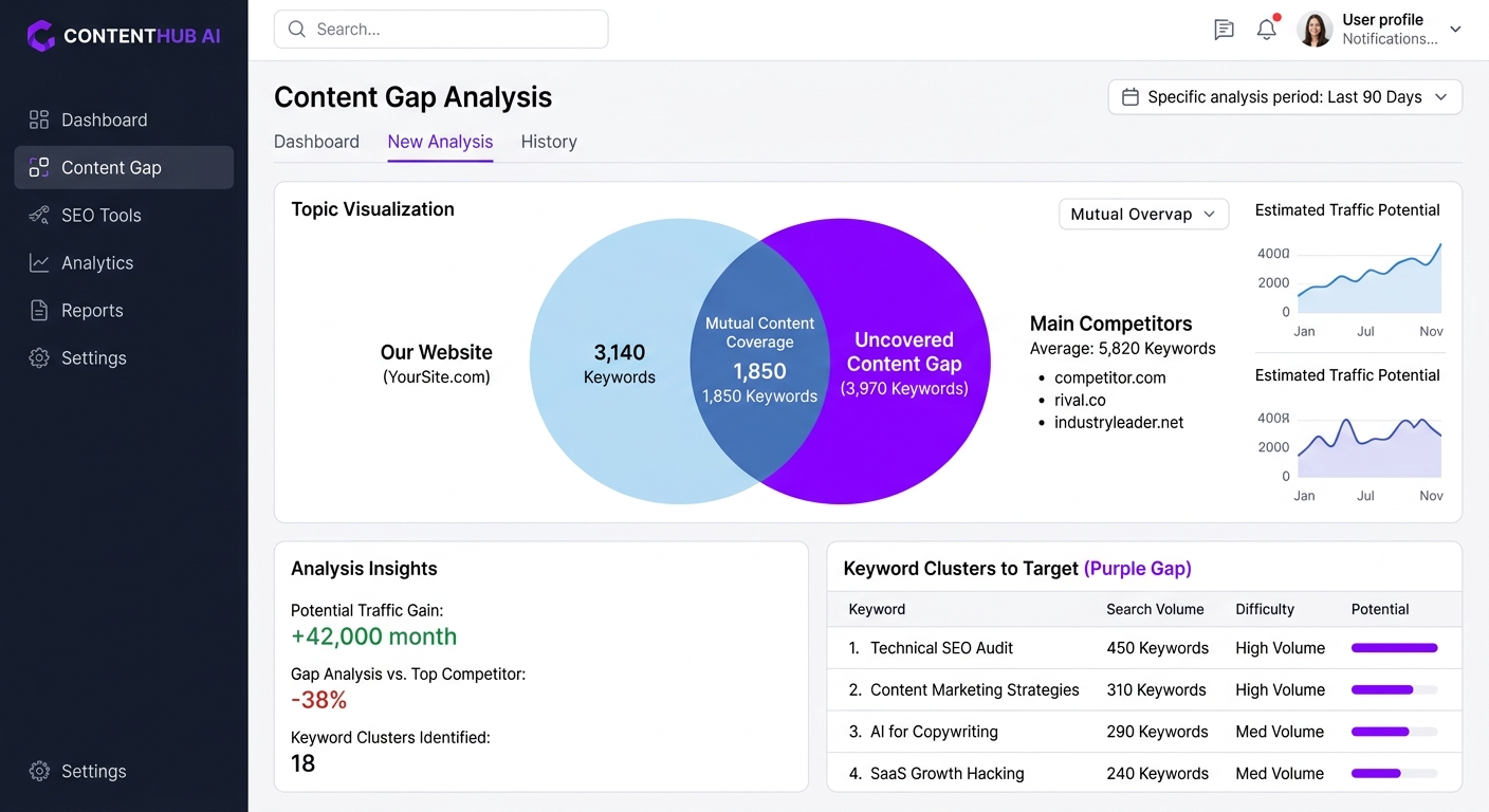 Content gap analysis dashboard showing competitor topic overlap and uncovered keywords